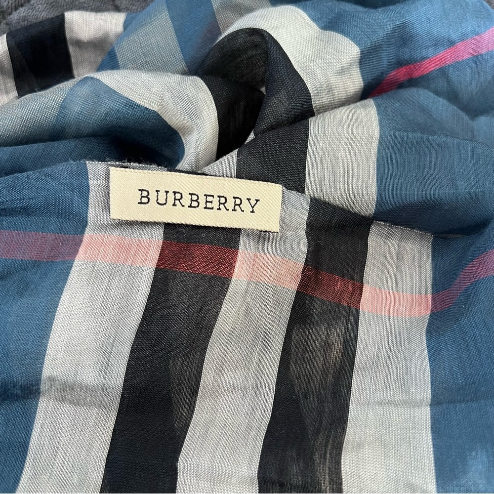 Burberry scarf wrap unisex plaid blue large fringe 100” x 27” rectangular I - Picture 6 of 6